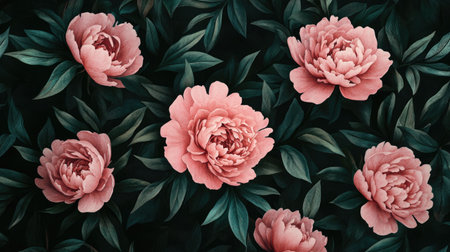 Romantic floral pattern of pink peonies in full bloom, with dark green leaves set against a shadowy backdrop, perfect for nature-themed designs.の素材