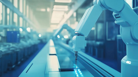 Robotic machines in an ultra-modern factory, streamlining production in a high-tech environment.の素材