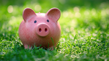 Pink piggy bank on a blanket of green grass, symbolizing eco-friendly savings and financial growth in nature.の素材