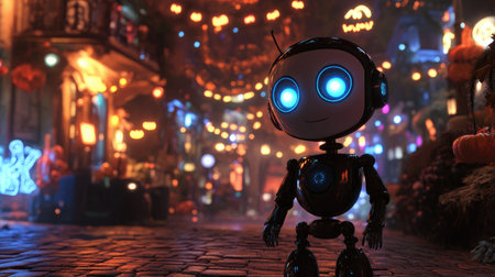A high-tech AI robot with glowing eyes, standing in a Halloween-themed setting filled with spooky decorationsの素材