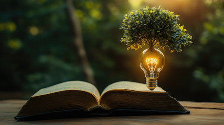 A glowing light bulb is nestled inside an open book, with a tree growing from it, symbolizing knowledge and growthの素材