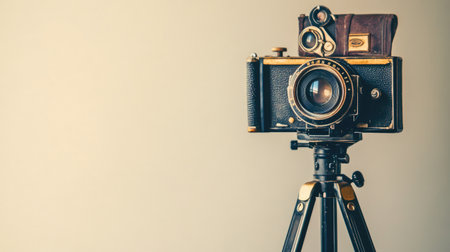Vintage camera mounted on a sturdy tripod, capturing the charm of classic photography equipment against a neutral background.の素材
