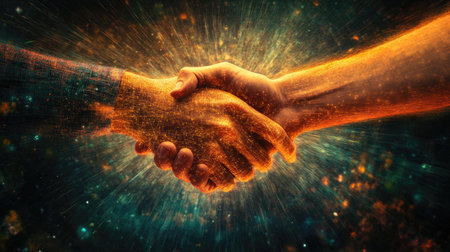 The fusion of human and machine: a handshake against a digital universe, symbolizing the future of AI and humanity.の素材