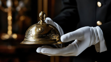 A butler wearing white gloves holds a brass bell, evoking a sense of elegance, professionalism, and premium serviceの素材