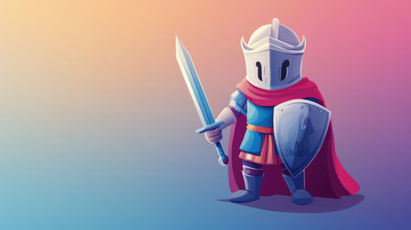 A cute cartoon knight in colorful robes, standing proudly with a sword and shield, ready for adventure and battleの素材