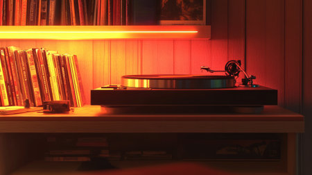 Vinyl records and a classic turntable, surrounded by pop rock albums from the 70s and 80s, lit warmly to highlight the retro music sceneの素材