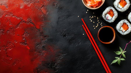 Sushi and soy sauce in a flat lay arrangement with chopsticks, set against a black slate and red backdrop for an authentic Japanese cuisine concept.の素材