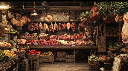Vintage butcher shop scene with fresh meats and produce on display, evoking an old-fashioned market experience.の素材