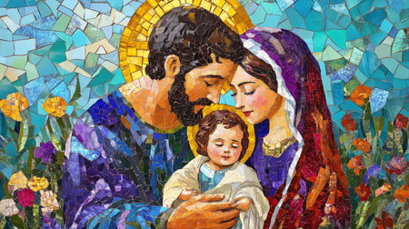 A vibrant mosaic of Jesus, Mary, and Joseph, capturing the Holy Family in a spiritual and detailed artistic formの素材
