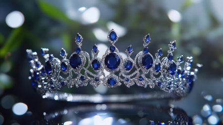 A magnificent silver crown embedded with sapphires, set on a reflective surface, radiating elegance and splendorの素材