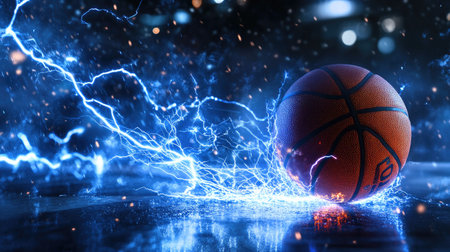 Blue lightning sparks around a basketball, illustrating electrifying power and the excitement of a fast-paced gameの素材