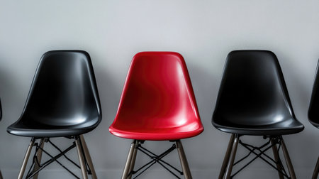 A vacant red chair contrasting with a row of black chairs on a white backdrop, symbolizing leadership or an administrative roleの素材