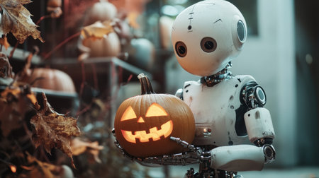 AI robot holding a carved pumpkin, surrounded by Halloween decor, symbolizing the intersection of technology and Halloween traditionsの素材