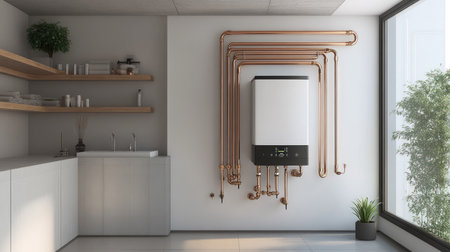 A modern tankless water heater, mounted on the wall in a pristine utility room, with copper pipes neatly connectedの素材