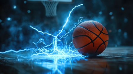 Blue lightning crackles around a basketball, symbolizing the strength and excitement of competitive basketballの素材