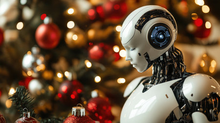 Artificial intelligence robot surrounded by Christmas decorations, representing the meeting of technology and holiday joyの素材