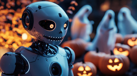 Futuristic AI robot wearing a spooky mask, standing amidst Halloween pumpkins and ghosts, merging tech with frightful festivitiesの素材