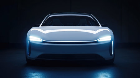 Front view of a white car with headlights and grill lights glowing, capturing the car sleek design and presenceの素材