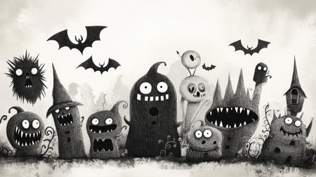 Halloween illustration of cute monsters in monochrome, designed to be easily customized with your own textの素材