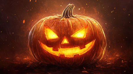 Halloween-themed jack-o'-lantern illustration, showcasing a carved pumpkin with glowing features and an eerie smileの素材