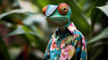 Quirky humanoid chameleon dressed in a vibrant floral shirt, fusing nature with artistic expressionの素材