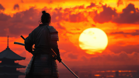Japanese samurai with sword drawn, framed against a breathtaking sunset, evoking the honor and mystique of the warrior codeの素材