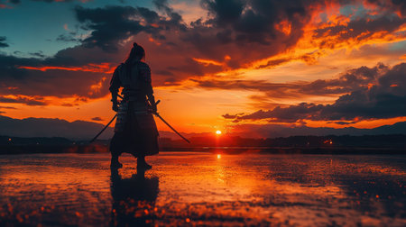 Samurai warrior standing tall against a vibrant sunset, sword drawn, capturing the essence of bravery and traditionの素材