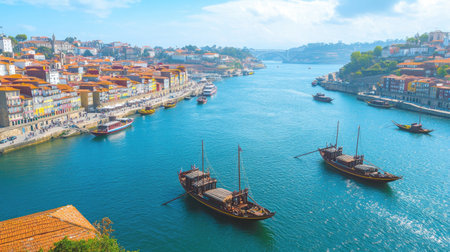 Porto cityscape with Douro River and traditional port wine boats, seen from a famous tourist viewpoint in Vila Nova de Gaia, Portugalの素材