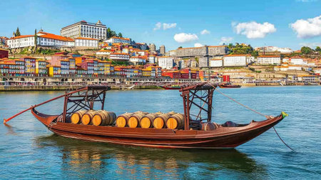 Stunning view of Porto city and the Douro River with traditional boats carrying port wine barrels from the Marginal de Gaia riverfrontの素材