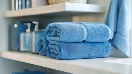 Neatly folded blue towels on a bathroom shelf, adding a touch of color and organization to the spaceの素材