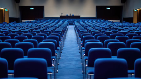 Rear view of an empty conference hall with rows of blue chairs, perfectly aligned, awaiting attendeesの素材