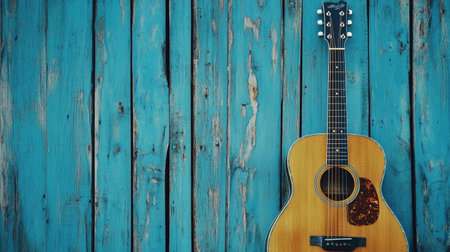 A beautifully crafted acoustic guitar set against a blue-painted wooden wall, creating a rustic, calm aesthetic.の素材