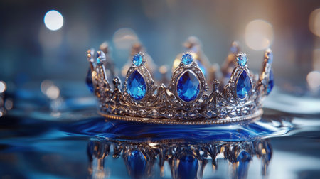 Stunning silver crown with sapphire gemstones, beautifully placed on a glossy surface, reflecting royalty and luxuryの素材