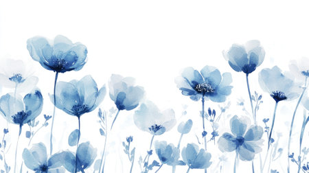 Soft blue watercolor flowers painted on a white background, creating a soothing and minimalistic floral patternの素材