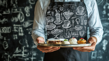 Waiter holding a silver tray with sketched business and creative concept doodles, combining service and innovationの素材