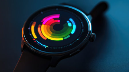 Smart watch showing a colorful fitness progress ring, highlighting health stats like calories burned and step countの素材