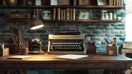 Retro office setup with vintage desk accessories and classic technology, creating a nostalgic trip back in timeの素材