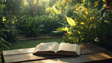 A book lies open on a wooden table, with a lush garden in the background, perfect for a serene outdoor reading scene.の素材
