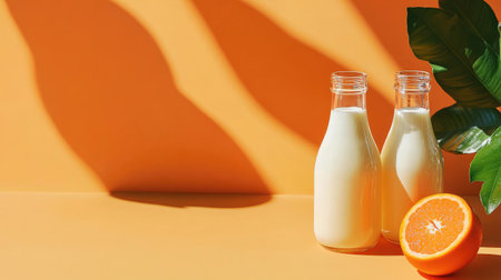 A bright orange background featuring glass bottles of milk and a single orange, creating a lively, summery scene.の素材