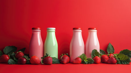A colorful setup with glass milk bottles and strawberries on a red background, creating a bold, fresh visual appeal.の素材