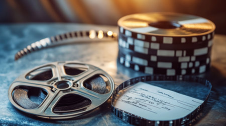 Vintage film reel, clapperboard, and script placed together on a table, representing the creative process of filmmakingの素材