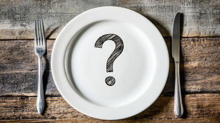 White plate with a bold question mark in the center, accompanied by a fork and knife on each side, representing culinary uncertaintyの素材