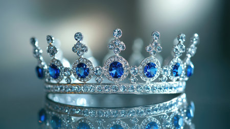 Silver crown with sparkling sapphires, elegantly presented on a reflective surface, symbolizing royalty and grandeurの素材