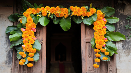 Traditional Indian garland of marigolds and mango leaves adorning a doorway, used for marriage ceremonies and festivalsの素材
