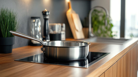 Stainless steel pan on an induction stove in a modern kitchen with wooden finishes, perfect for efficient home cookingの素材