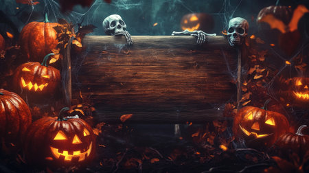 A wooden sign surrounded by Halloween decorations such as jack-o'-lanterns, skeletons, and cobwebs, dark eerie background.の素材