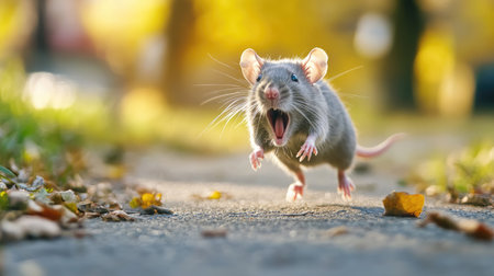 Terrified gray rat running away, mouth wide open as it screams in fear, conveying a sense of urgency and panicの素材