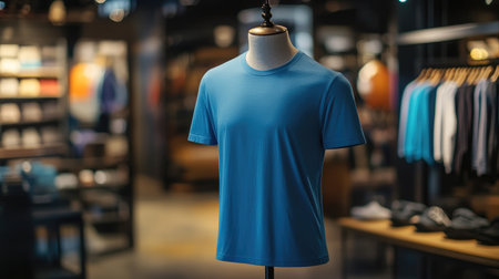 A blue T-shirt displayed on a mannequin in a retail store, mockup template for branding and clothing display.の素材