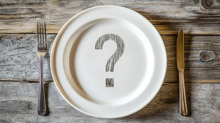 White plate with a bold question mark in the center, accompanied by a fork and knife on each side, representing culinary uncertaintyの素材