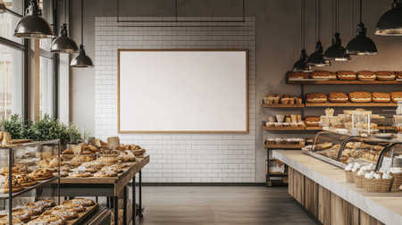 Blank white poster mockup hanging in a stylish bakery store, surrounded by baked goods, perfect for advertising.の素材